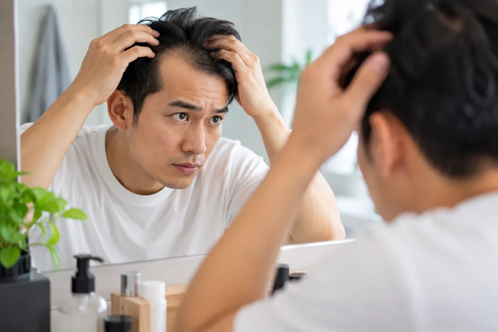 Asian man examining his thinning hair in a mirror, illustrating male pattern hair loss and early treatment.
