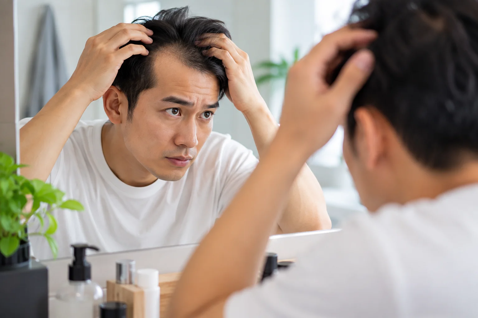 Asian man examining his thinning hair in a mirror, illustrating male pattern hair loss and early treatment.