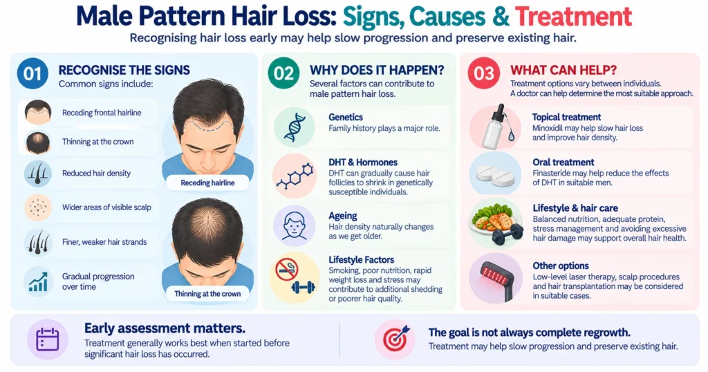 Infographic explaining male pattern hair loss, including common symptoms, causes such as genetics and DHT, and treatment options including topical and oral treatments, lifestyle measures and other approaches.