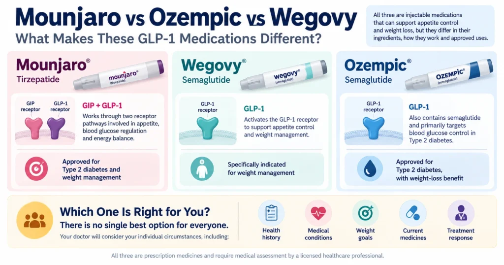 Infographic comparing Mounjaro, Ozempic and Wegovy, showing their active ingredients, receptor activity, primary uses and why the most suitable GLP-1 weight loss medications depends on individual health needs.