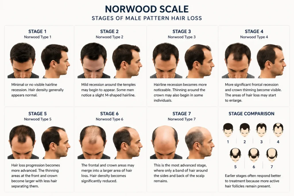Norwood Scale showing the seven stages of male pattern hair loss, from minimal hairline recession to advanced hair loss.