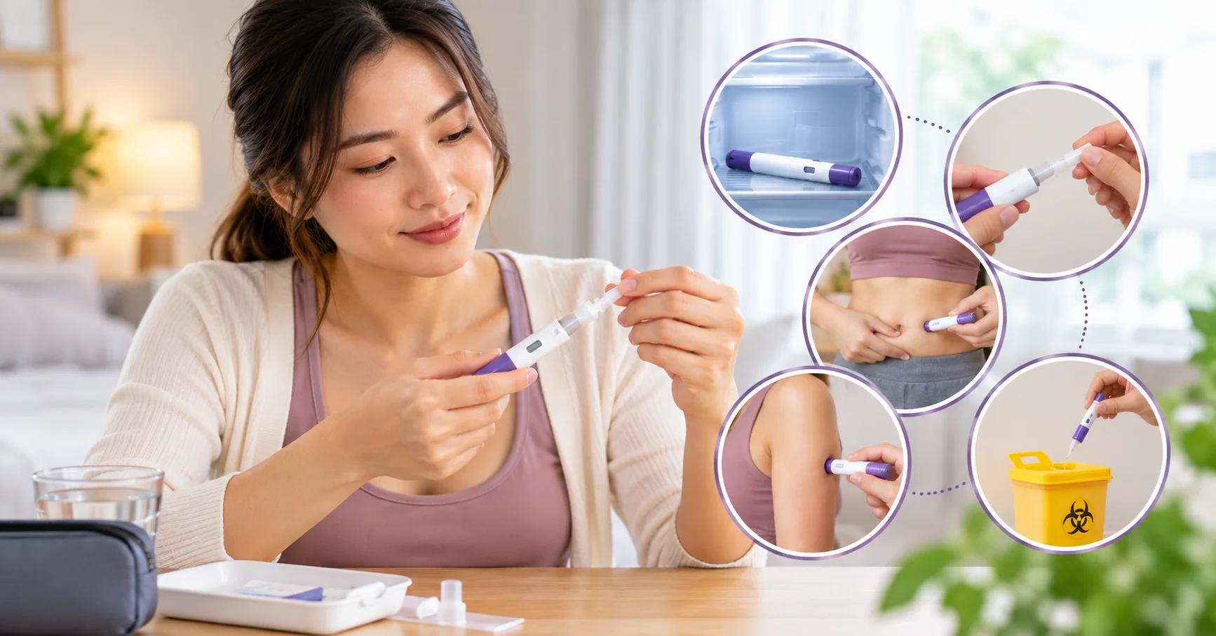 Asian woman preparing a Mounjaro KwikPen injection at home, with visual illustrations of injection sites, pen preparation, refrigerated storage and safe needle disposal.