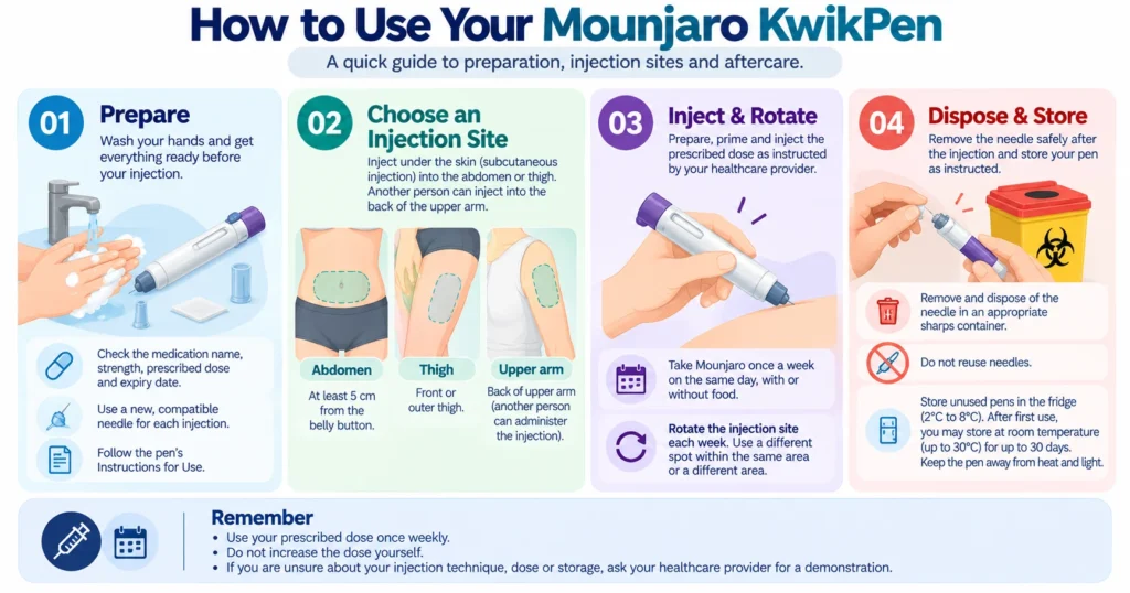 Mounjaro KwikPen injection guide showing preparation, recommended injection sites, weekly site rotation, needle disposal and safe storage for weight loss treatment.