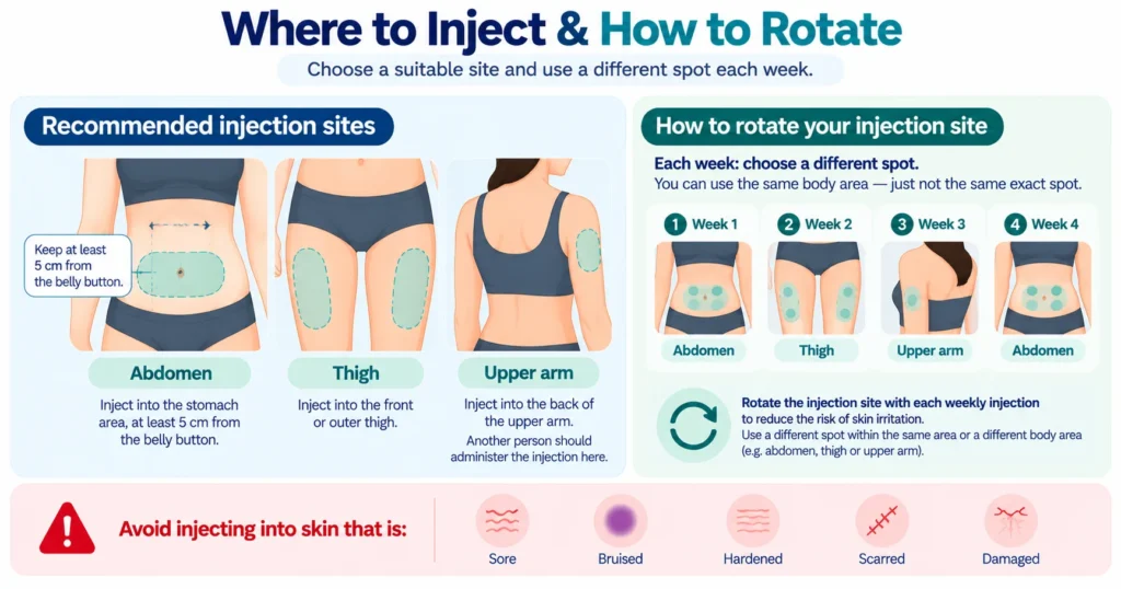 Mounjaro KwikPen injection site guide showing the abdomen, thigh and upper arm, with a weekly rotation example and areas of skin to avoid when administering weight loss injections.