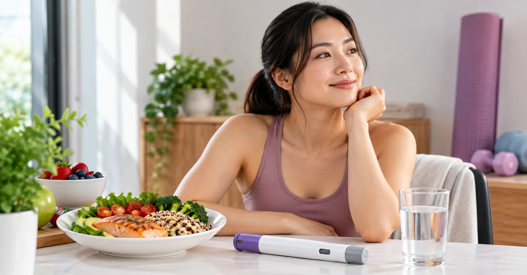 Asian woman considering Mounjaro weight loss treatment alongside a healthy meal and lifestyle habits at home.