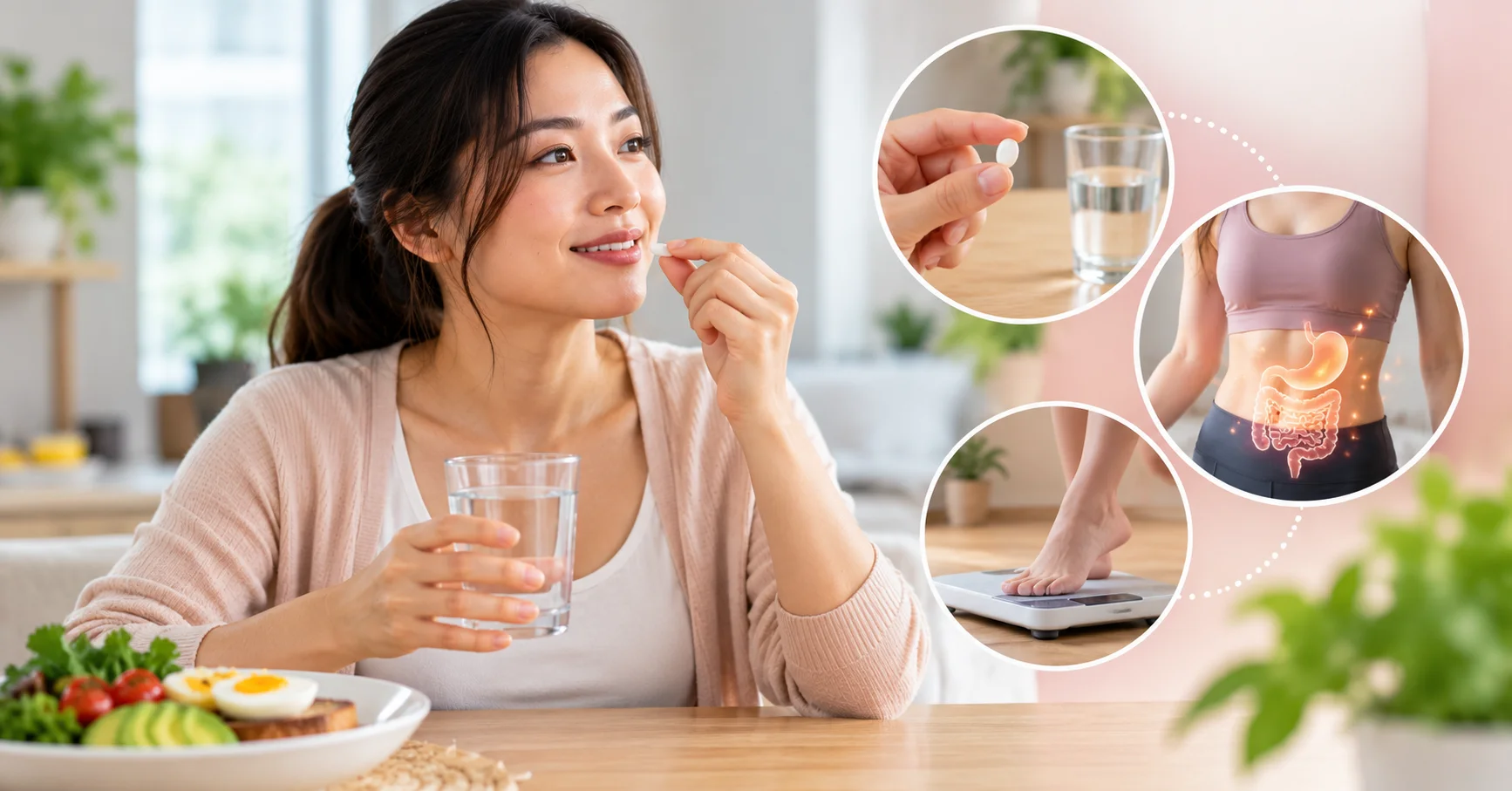 Asian woman taking an oral tablet with water, illustrating Rybelsus and its role in blood sugar management and weight management.