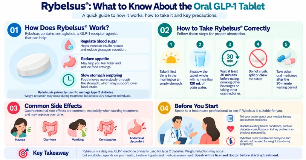 Infographic explaining how Rybelsus oral semaglutide works, how to take the tablet correctly, common side effects and key precautions before starting treatment.